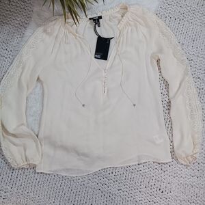 NWT Paige Patina Blouse With Lace In Antique White, XSmall